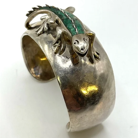 Taxco Sterling Silver Cuff Bracelet with Turquoise Inlaid Lizard 3D 925 Large - Picture 3 of 8